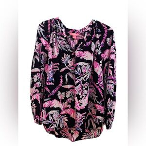 LILY PULITZER Elsa Top Onyx Wild Within Smocked Silk M EUC